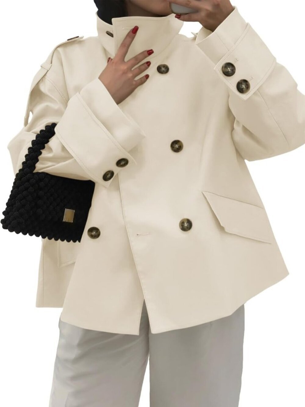 Women's Beige Polyester Cropped Oversized Stand Collar Casual Trench Coat